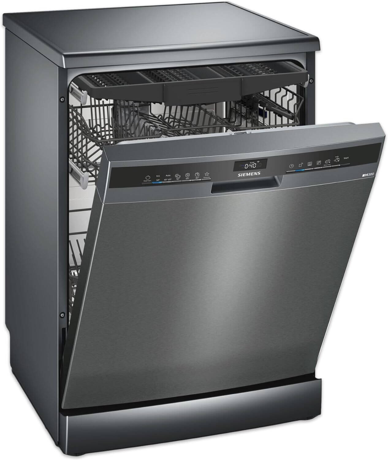Siemens SN23HC65MMD iQ300 Free-Standing Dishwasher, 6 Programs, 60cm Dishwasher, Heat Exchanger Drying Machine, Home Connect, Brushed Black Steel Anti-Fingerprint